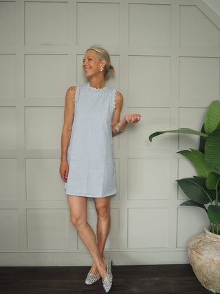 Monica Striped Dress with Scalloped Details - Blue/White