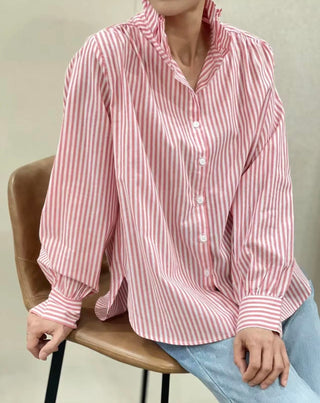 Flora Striped Blouse with High Ruffle Collar  - Blue, Khaki, Pink, Vintage Red