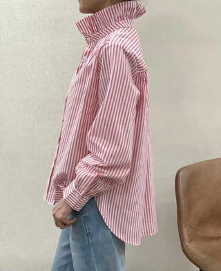 Flora Striped Blouse with High Ruffle Collar  - Blue, Khaki, Pink, Vintage Red
