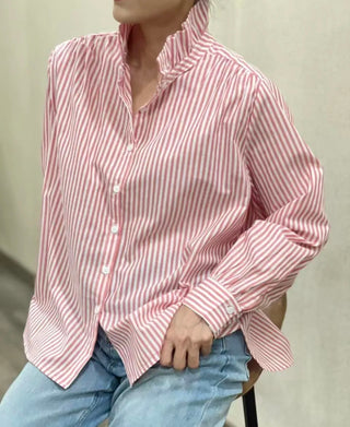 Flora Striped Blouse with High Ruffle Collar  - Blue, Khaki, Pink, Vintage Red