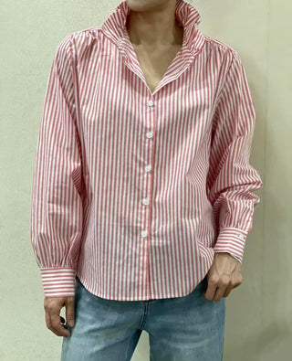 Flora Striped Blouse with High Ruffle Collar  - Blue, Khaki, Pink, Vintage Red