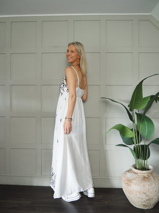 Rio Maxi Sundress with Embroidery Detail - Off White/Navy Blue/Stone