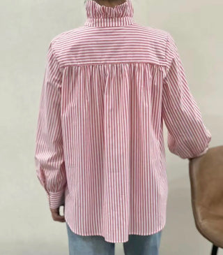 Flora Striped Blouse with High Ruffle Collar  - Blue, Khaki, Pink, Vintage Red
