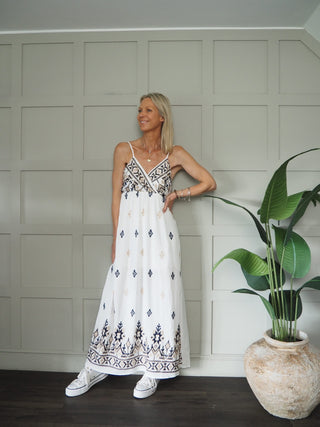 Rio Maxi Sundress with Embroidery Detail - Off White/Navy Blue/Stone