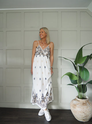 Rio Maxi Sundress with Embroidery Detail - Off White/Navy Blue/Stone