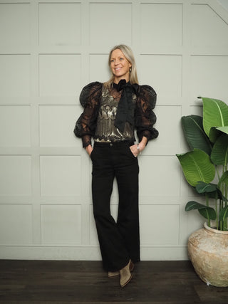 Simone Lace Blouse with Bow - Black