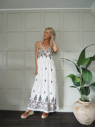 Rio Maxi Sundress with Embroidery Detail - Off White/Navy Blue/Stone