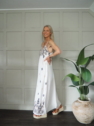 Rio Maxi Sundress with Embroidery Detail - Off White/Navy Blue/Stone