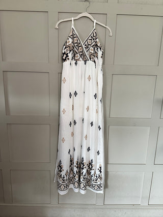 Rio Maxi Sundress with Embroidery Detail - Off White/Navy Blue/Stone