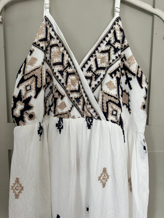 Rio Maxi Sundress with Embroidery Detail - Off White/Navy Blue/Stone