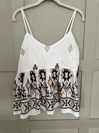 Lisbon Top with Embroidery Detail - Off White/Navy Blue/Stone