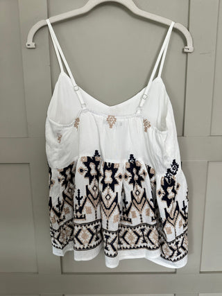 Lisbon Top with Embroidery Detail - Off White/Navy Blue/Stone