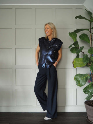 Loela Funky Full Sequin Gilet, Lined with Ribbing &amp; Popper Fastening - Navy Blue