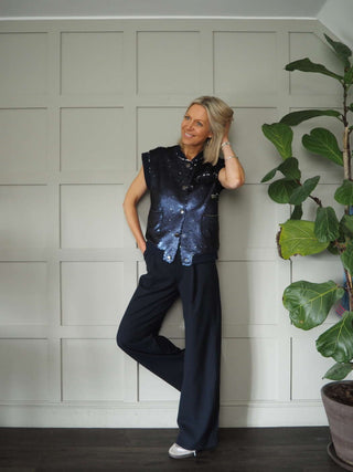 Loela Funky Full Sequin Gilet, Lined with Ribbing &amp; Popper Fastening - Navy Blue