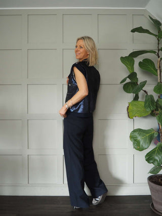 Loela Funky Full Sequin Gilet, Lined with Ribbing &amp; Popper Fastening - Navy Blue