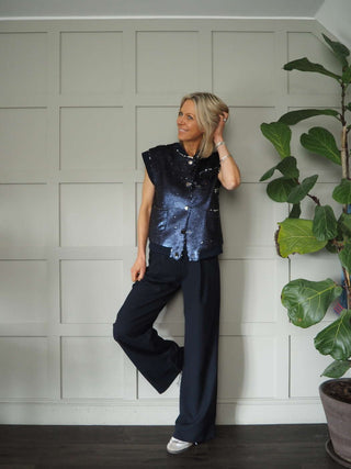 Loela Funky Full Sequin Gilet, Lined with Ribbing &amp; Popper Fastening - Navy Blue