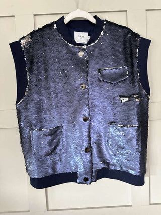 Loela Funky Full Sequin Gilet, Lined with Ribbing &amp; Popper Fastening - Navy Blue