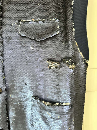 Loela Funky Full Sequin Gilet, Lined with Ribbing &amp; Popper Fastening - Navy Blue