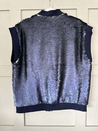 Loela Funky Full Sequin Gilet, Lined with Ribbing &amp; Popper Fastening - Navy Blue