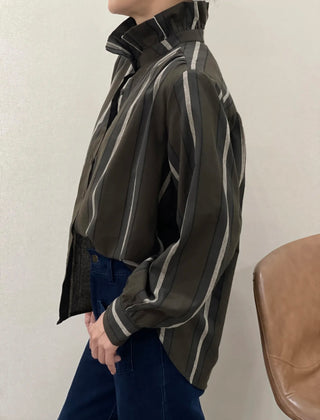 Stuart Striped Blouse with Pleated Collar - Brown/Charcoal/Ecru
