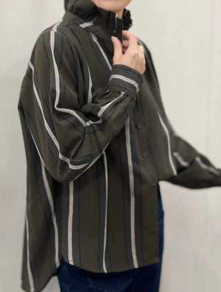 Stuart Check Blouse with Pleated Collar - Brown/Charcoal/Ecru