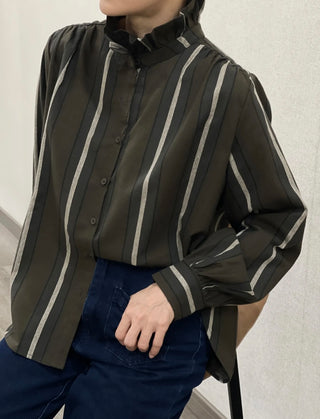Stuart Striped Blouse with Pleated Collar - Brown/Charcoal/Ecru