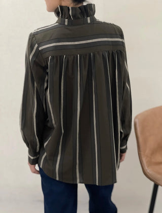 Stuart Striped Blouse with Pleated Collar - Brown/Charcoal/Ecru