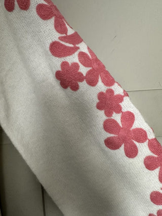 Flora Round Neck Jumper with Embroidered Floral Sleeves - Blue/Ecru and Ecru/Pink