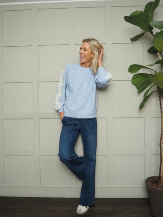 Flora Round Neck Jumper with Embroidered Floral Sleeves - Blue/Ecru and Ecru/Pink