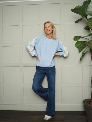 Flora Round Neck Jumper with Embroidered Floral Sleeves - Blue/Ecru and Ecru/Pink