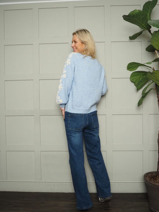 Flora Round Neck Jumper with Embroidered Floral Sleeves - Blue/Ecru and Ecru/Pink