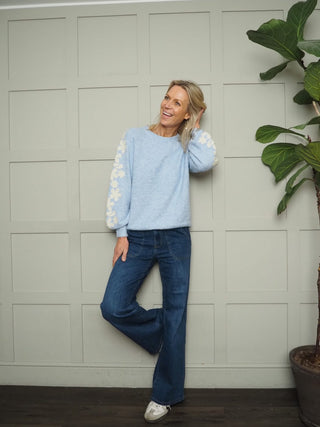 Flora Round Neck Jumper with Embroidered Floral Sleeves - Blue/Ecru and Ecru/Pink