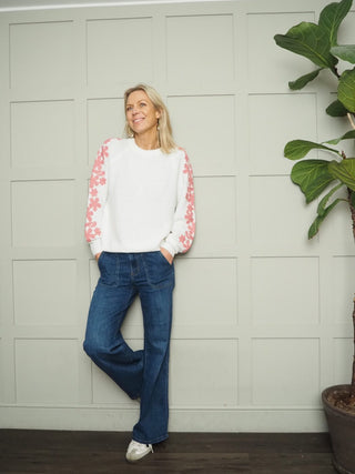 Flora Round Neck Jumper with Embroidered Floral Sleeves - Blue/Ecru and Ecru/Pink