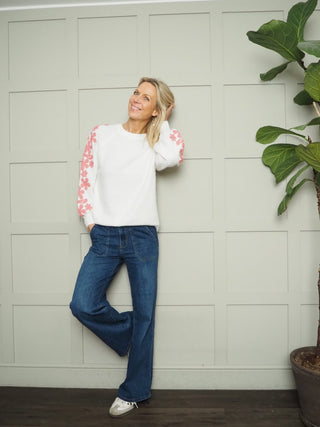 Flora Round Neck Jumper with Embroidered Floral Sleeves - Blue/Ecru and Ecru/Pink