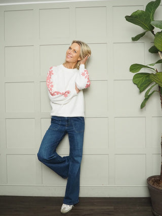 Flora Round Neck Jumper with Embroidered Floral Sleeves - Blue/Ecru and Ecru/Pink