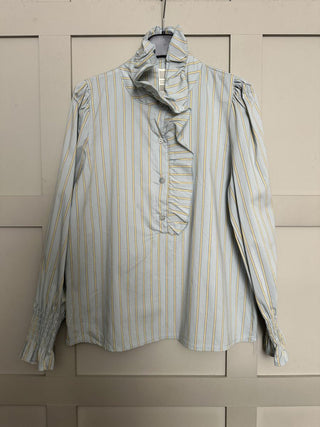 Bibi Striped Ruffle Blouse with Shirred Cuffs - Baby Blue, Mint Green, Off White and Pink Blue