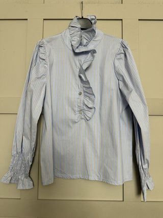 Bibi Striped Ruffle Blouse with Shirred Cuffs - Baby Blue, Mint Green, Off White and Pink Blue