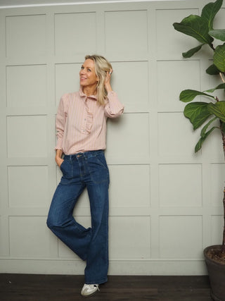 Bibi Striped Ruffle Blouse with Shirred Cuffs - Baby Blue, Mint Green, Off White and Pink Blue