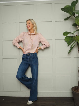 Bibi Striped Ruffle Blouse with Shirred Cuffs - Baby Blue, Mint Green, Off White and Pink Blue