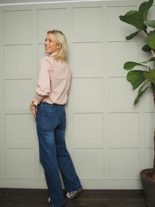 Bibi Striped Ruffle Blouse with Shirred Cuffs - Baby Blue, Mint Green, Off White and Pink Blue