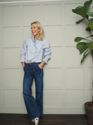 Bibi Striped Ruffle Blouse with Shirred Cuffs - Baby Blue, Mint Green, Off White and Pink Blue