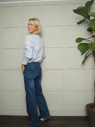 Bibi Striped Ruffle Blouse with Shirred Cuffs - Baby Blue, Mint Green, Off White and Pink Blue