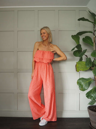 Iconic Off The Shoulder Broderie Anglaise Jumpsuit with Front Frill and Lined Trouser - 5 Colours