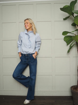 Bibi Striped Ruffle Blouse with Shirred Cuffs - Baby Blue, Mint Green, Off White and Pink Blue