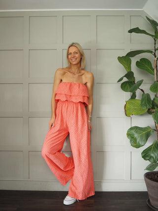Iconic Off The Shoulder Broderie Anglaise Jumpsuit with Front Frill and Lined Trouser - 5 Colours