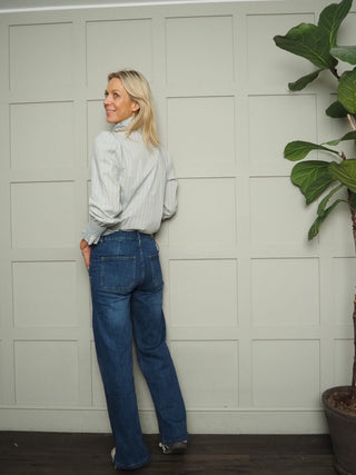 Bibi Striped Ruffle Blouse with Shirred Cuffs - Baby Blue, Mint Green, Off White and Pink Blue