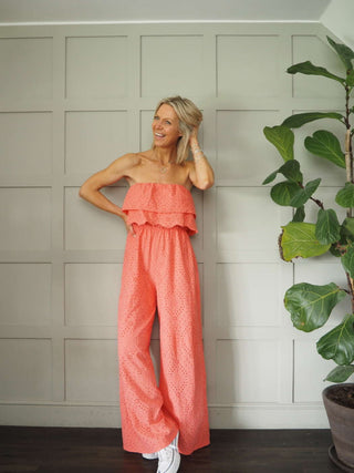 Iconic Off The Shoulder Broderie Anglaise Jumpsuit with Front Frill and Lined Trouser - 5 Colours