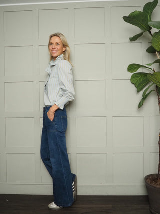 Bibi Striped Ruffle Blouse with Shirred Cuffs - Baby Blue, Mint Green, Off White and Pink Blue