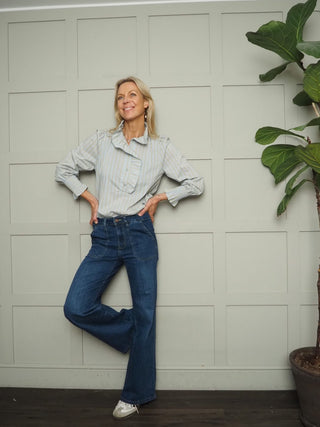 Bibi Striped Ruffle Blouse with Shirred Cuffs - Baby Blue, Mint Green, Off White and Pink Blue