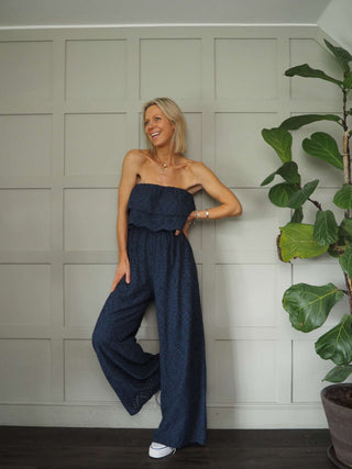 Iconic Off The Shoulder Broderie Anglaise Jumpsuit with Front Frill and Lined Trouser - 5 Colours